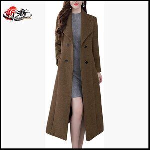 Women's Shawl Lapel Double Breasted Wool Pea Coat Long Winter Warm